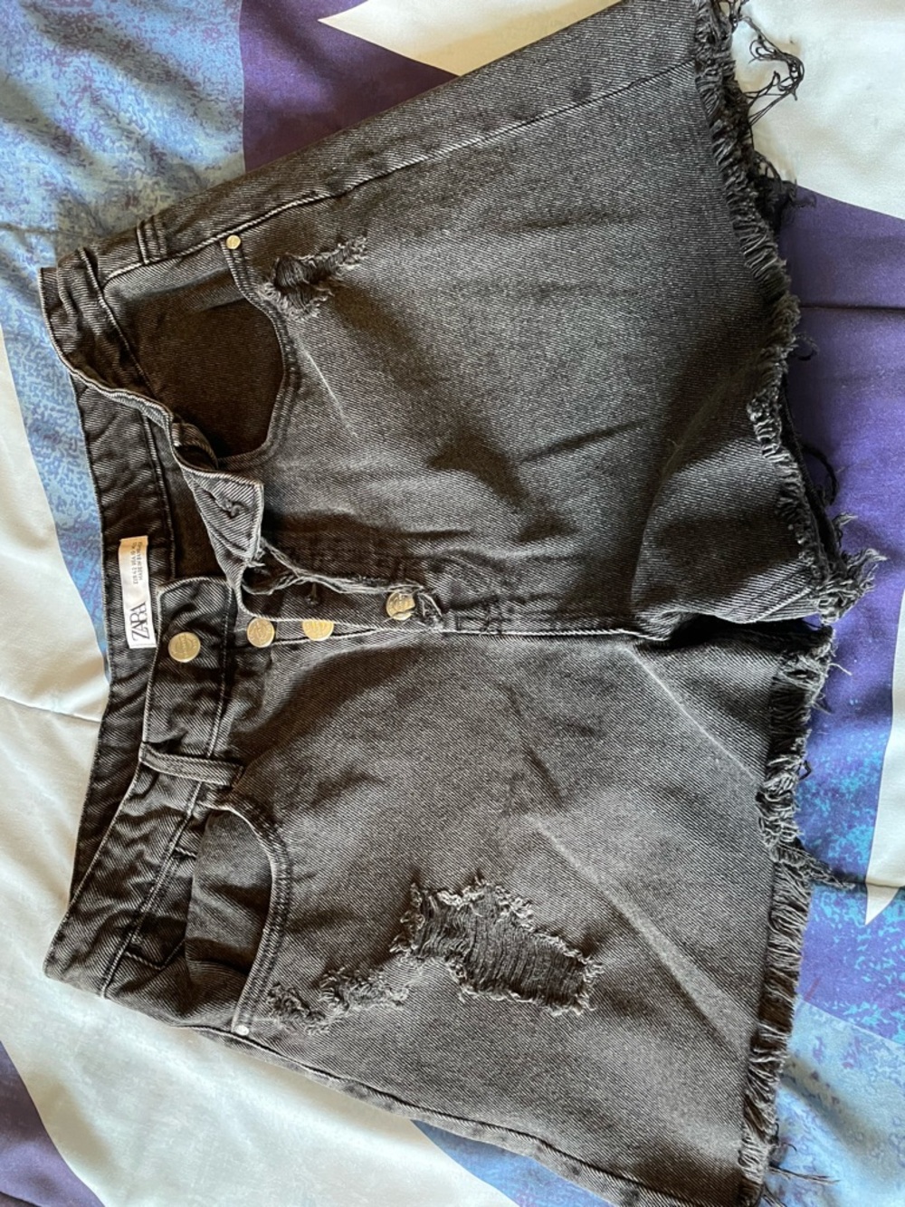 ZARA Black Button-Fly Distressed Denim Shorts